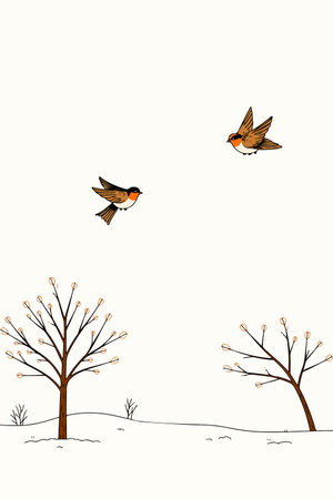 A serene winter scene featuring two birds in flight above snow-covered ground and bare trees, creating a peaceful and minimalist landscape.のイラスト素材
