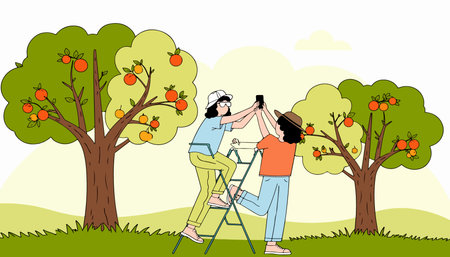 Two friends on a ladder taking a picture of an orange tree with a smartphone in a vibrant, cartoon-style outdoor setting.のイラスト素材