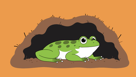 A cartoon-style green frog with spots sits in a brown burrow against an orange background, creating a simple, charming illustration.のイラスト素材