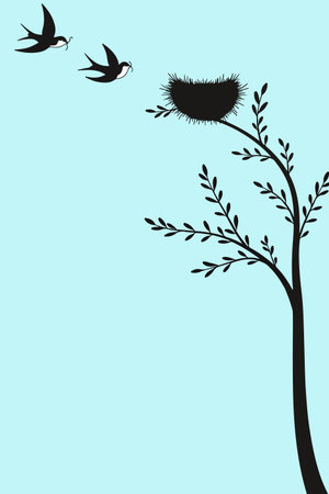 Two swallows fly towards a nest in a tree, carrying twigs. Minimalist design against a light blue background.のイラスト素材