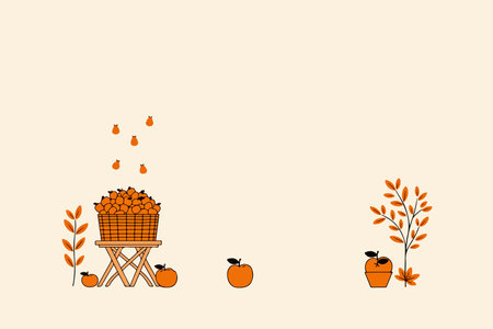A charming autumn scene with a basket overflowing with pears, accompanied by fall foliage and scattered fruit, all in warm, inviting tones.のイラスト素材