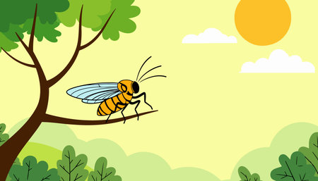A cartoon bee sits on a branch with a sunny sky, clouds, and green trees in the background. Vector illustration.のイラスト素材