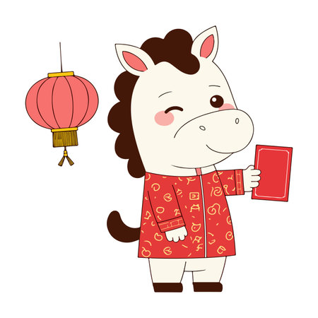 A cute cartoon horse in a red patterned shirt winks while holding a red envelope, with a traditional Chinese lantern hanging nearby.のイラスト素材
