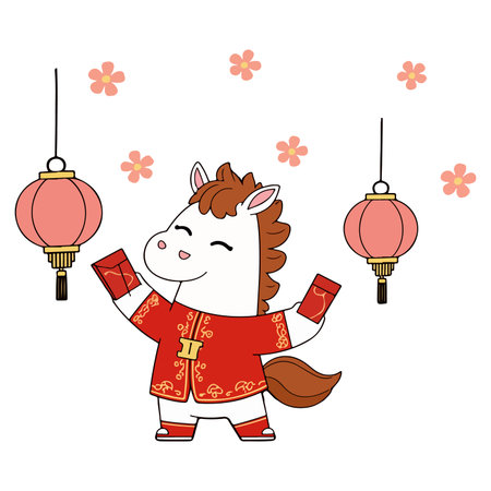 A cute cartoon horse in a red patterned shirt winks while holding a red envelope, with a traditional Chinese lantern hanging nearby.のイラスト素材