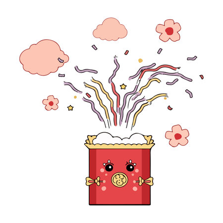 A charming illustration of a red gift box with a cute face, bursting with colorful confetti, surrounded by flowers and clouds.のイラスト素材