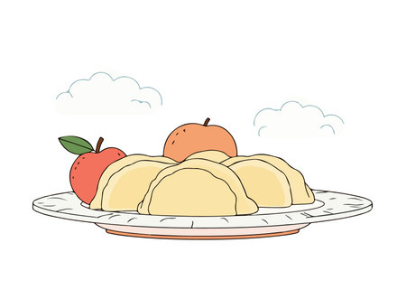 A plate of delicious dumplings is presented alongside two fresh apples, set against a backdrop of fluffy clouds.のイラスト素材