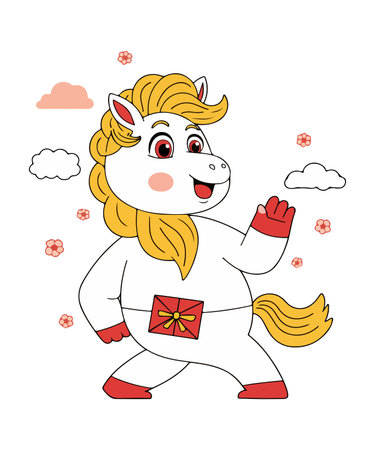 A cheerful cartoon horse with golden mane and tail, wearing a red present around its waist, surrounded by clouds and flowers.のイラスト素材