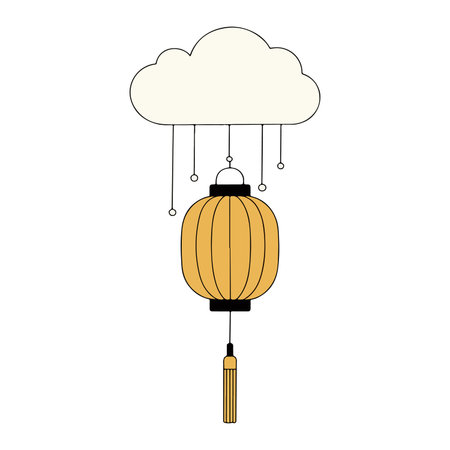 Illustration of a traditional Asian lantern hanging from a branch, featuring a round shape and tassel.のイラスト素材