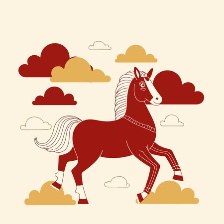 A stylized red horse with a white mane and tail, surrounded by red and gold clouds on a cream background.のイラスト素材