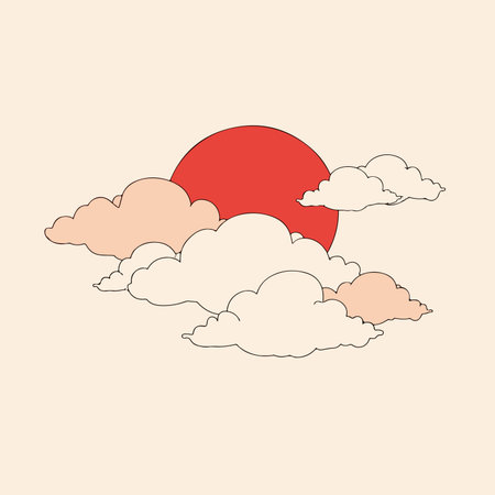 A minimalist illustration featuring a red sun partially obscured by stylized white and peach-colored clouds on a light beige background.のイラスト素材