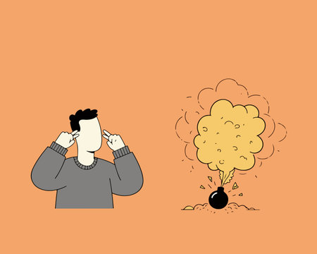 A person covers their ears, seemingly ignoring a bomb explosion nearby, set against a solid orange background. Cartoon style.のイラスト素材