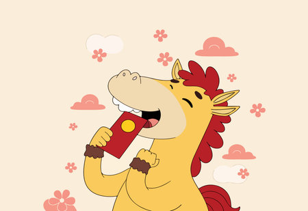 A cheerful cartoon horse holds a red envelope with a gold coin, set against a background of flowers and clouds.のイラスト素材