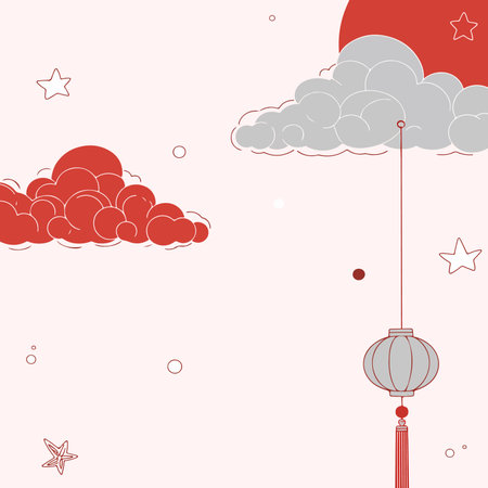 A festive illustration with clouds, stars, moon, and a lantern, evoking the Mid-Autumn Festival spirit in a minimalist style.のイラスト素材