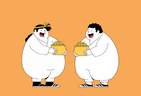 Two happy cartoon men in white outfits holding pots of gold on an orange background. Simple, cheerful illustration.のイラスト素材