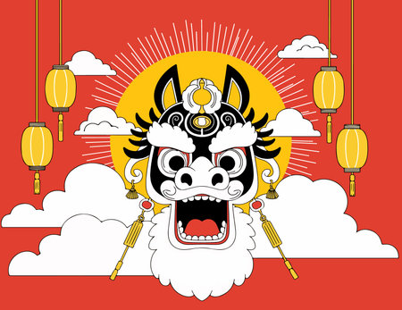 A stylized illustration of a Chinese lion dance mask surrounded by lanterns and clouds, set against a vibrant red and yellow background.のイラスト素材