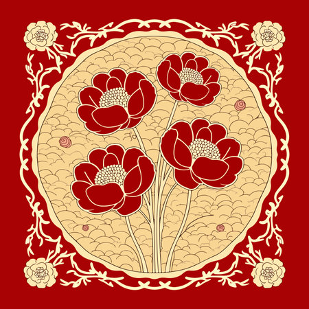 A symmetrical floral arrangement featuring red flowers with white centers, set against a textured background and framed by decorative elements.のイラスト素材