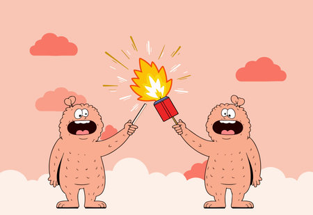 Two cartoon monsters holding a lit firecracker against a peach background with clouds, creating a whimsical and playful scene.のイラスト素材