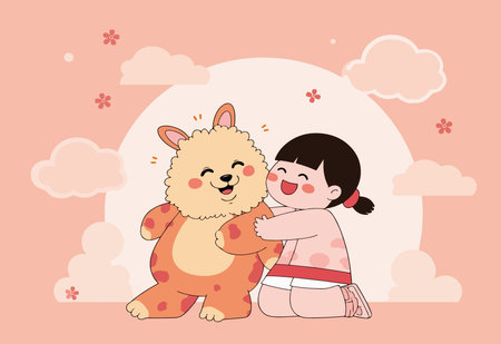 A cute illustration of a girl hugging a bear, set against a pastel pink backdrop with clouds and flowers.のイラスト素材