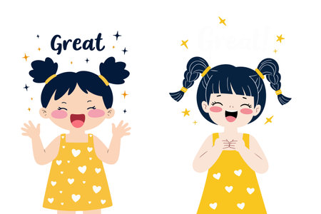Illustration of two cheerful girls in yellow dresses with heart patterns, expressing joy and positivity with the word 'Great' and star accents.のイラスト素材