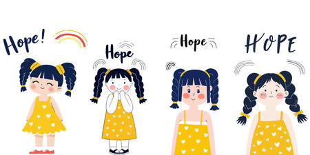 Four cartoon girls with pigtails wearing yellow dresses with white hearts, accompanied by the word 'Hope' in different styles.のイラスト素材