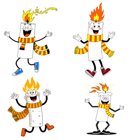 Four cartoon candles with faces, scarves, and shoes are depicted in a cheerful and playful manner on a white background.のイラスト素材