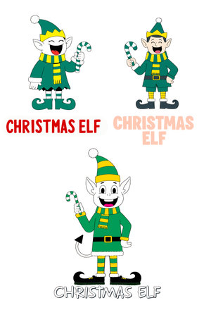 Illustration of three cartoon Christmas elves in green outfits holding candy canes, set against a white background.のイラスト素材