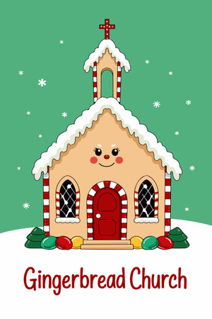 A whimsical gingerbread church adorned with snow, candy cane pillars, and colorful ornaments, set against a snowy and festive backdrop.のイラスト素材