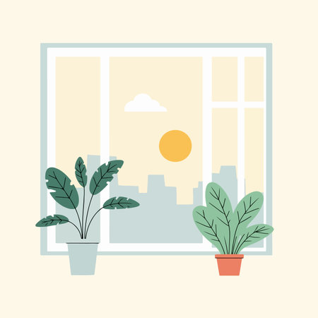 A serene view of indoor plants by a window, overlooking a cityscape at sunset. A peaceful and calming scene.のイラスト素材