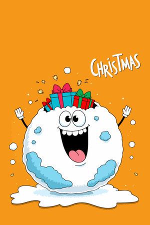 A cartoon monster with a big smile carries Christmas gifts on its head, set against an orange background with festive decorations.のイラスト素材