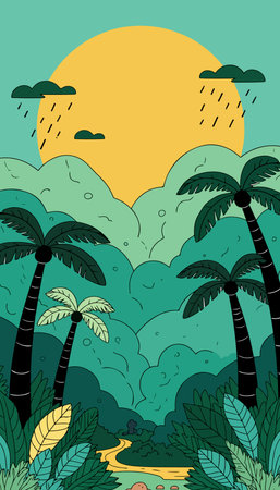A vibrant, cartoon-style tropical scene with palm trees, lush foliage, a bright sun, and rain clouds, creating a whimsical and inviting atmosphere.のイラスト素材