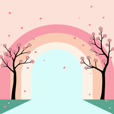 A whimsical illustration featuring cherry blossom trees framing a pastel rainbow, with falling petals and a serene, dreamy atmosphere.のイラスト素材