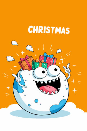 A cartoon monster with a big smile carries Christmas gifts on its head, set against an orange background with festive decorations.のイラスト素材
