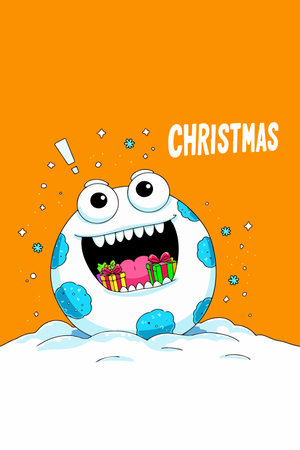 A cartoon monster with a big smile carries Christmas gifts on its head, set against an orange background with festive decorations.のイラスト素材