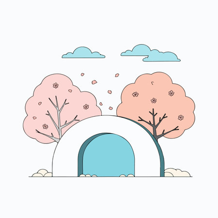 A minimalist illustration of a landscape featuring an archway, stylized trees with blossoms, and clouds in a soft, pastel color palette.のイラスト素材