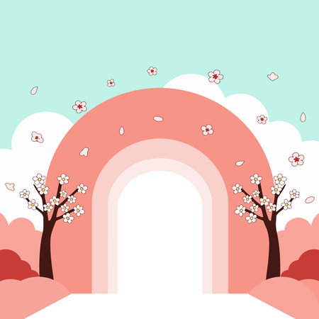 A whimsical scene with cherry blossom trees framing a pastel archway, evoking a sense of spring and serenity.のイラスト素材