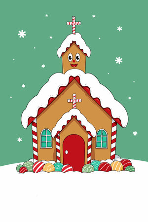 A whimsical gingerbread church adorned with snow, candy cane pillars, and colorful ornaments, set against a snowy and festive backdrop.のイラスト素材