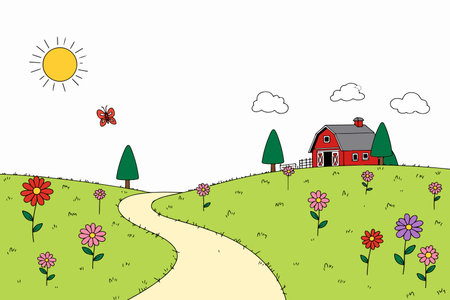 A cartoon landscape featuring a red barn, a winding path, colorful flowers, trees, clouds, a butterfly, and a bright sun.のイラスト素材