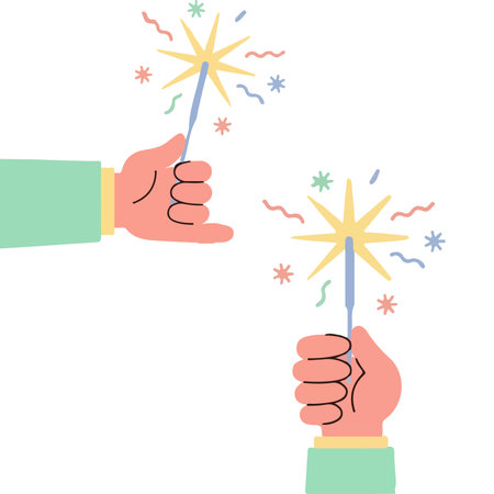 A stylized hand holds a sparkler, emitting yellow and blue sparks against a white background, creating a festive and celebratory mood.のイラスト素材