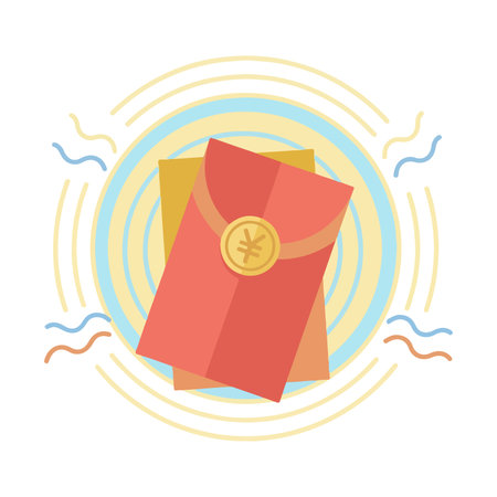 Illustration of red envelopes with a Yuan symbol, surrounded by decorative circles and wavy lines, symbolizing prosperity and good fortune.のイラスト素材