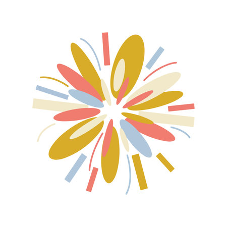 A playful illustration of fireworks in pastel shades of green, peach, yellow, and blue against a...