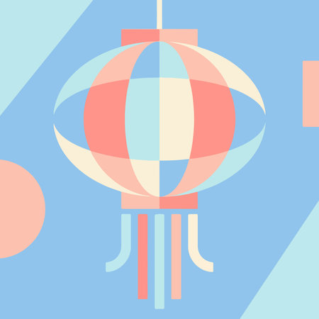 A stylized illustration of a lantern with geometric shapes and pastel colors against a blue...