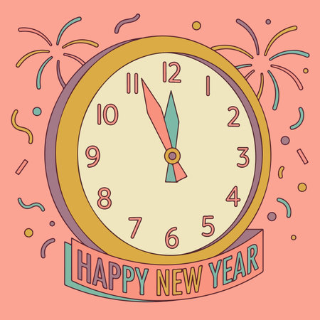 A festive illustration of a clock nearing midnight on New Year's Eve, complete with fireworks and a 'Happy New Year' banner.のイラスト素材