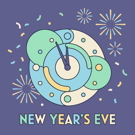 Stylized clock showing almost midnight with fireworks and confetti, celebrating New Year's Eve on a purple background.のイラスト素材