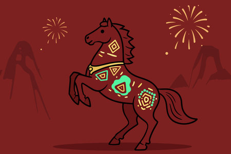 A stylized brown horse with geometric patterns rears up against a red background with fireworks and mountain silhouettes.のイラスト素材