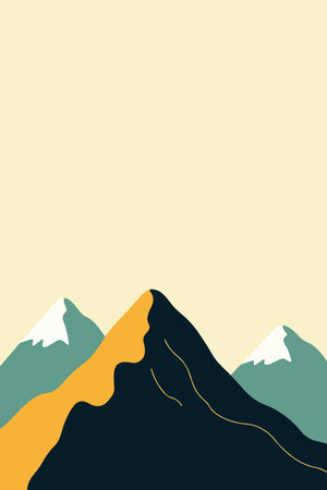 A minimalist illustration of layered mountains with snow-capped peaks against a warm yellow sky. Simple, clean design.のイラスト素材