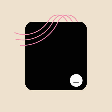 A minimalist abstract image featuring a black square with rounded corners and three pink lines...