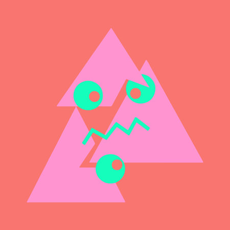 Abstract face made of pink triangles, green circles, and a zigzag line on a coral background....