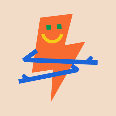 A cheerful orange lightning bolt with a green eyes and yellow smile, embraced by blue arms, set...
