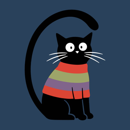 A cartoon-style black cat with wide eyes, wearing a colorful striped sweater, sitting against a dark blue background.のイラスト素材