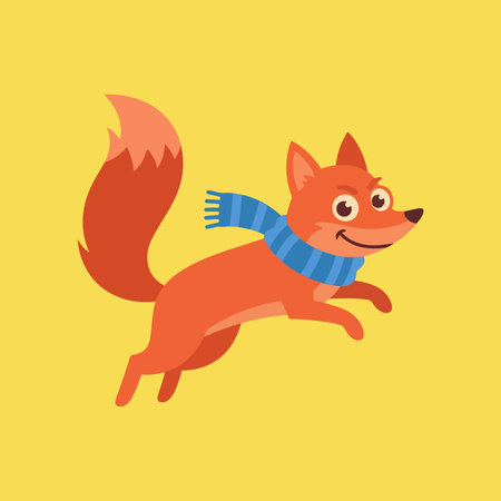 A cheerful cartoon fox wearing a blue scarf is depicted mid-jump against a yellow background. The fox has a friendly expression and a bushy tail.のイラスト素材